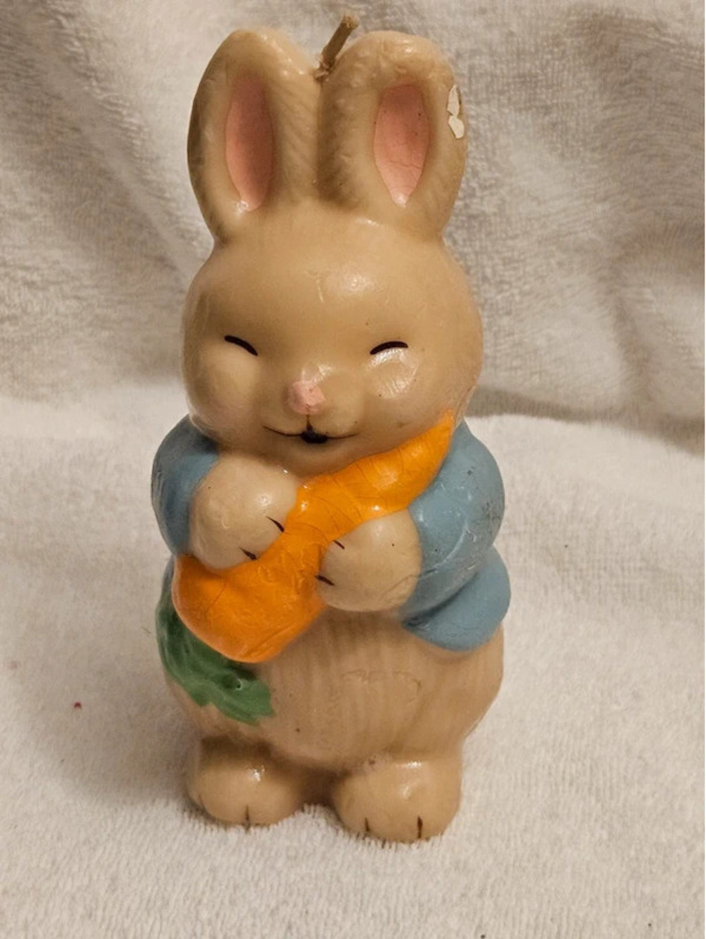 VTG Bunny Rabbit Candle Holding Carrot Blue Jacket Easter Decor See Flaws